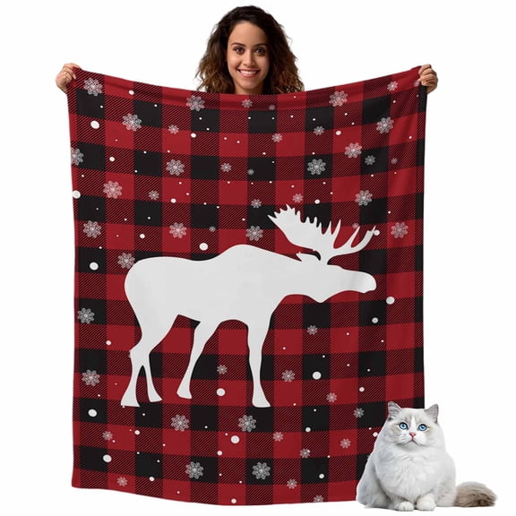 Flannel Fleece Throw Blankets Christmas White Reindeer Shadow Throws Blankets, Retro Black and Red Buffalo Lattice Lightweight Soft Warm Blanket for Couch Sofa Bed Living Room All Season Use, 40x50in