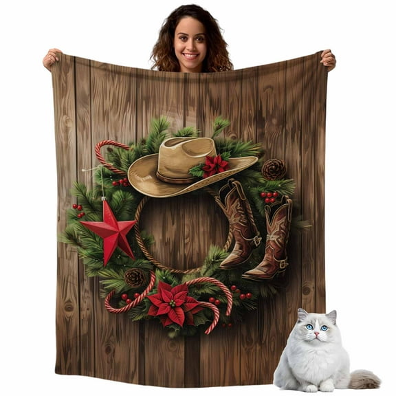 Flannel Fleece Throw Blankets Christmas Wreath Star Western Cowboy Style Throws Blankets, Farm Retro Wood Grain Lightweight Soft Warm Blanket for Couch Sofa Bed Living Room All Season Use, 40x50in