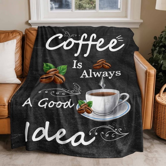 Flannel Fleece Throw Blankets Coffee Bean Cup Cafe Drink on Black Throws Blankets, Coffees Good Idea Quote Lightweight Soft Warm Blanket for Couch Sofa Bed Living Room All Season Use, 50x60in