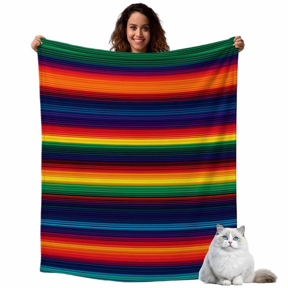 Flannel Fleece Throw Blankets Colorful Mexican Stripes Throws Blankets, Gradient Line Ethnic Style Lightweight Soft Warm Blanket for Couch Sofa Bed Living Room All Season Use, 40x50in