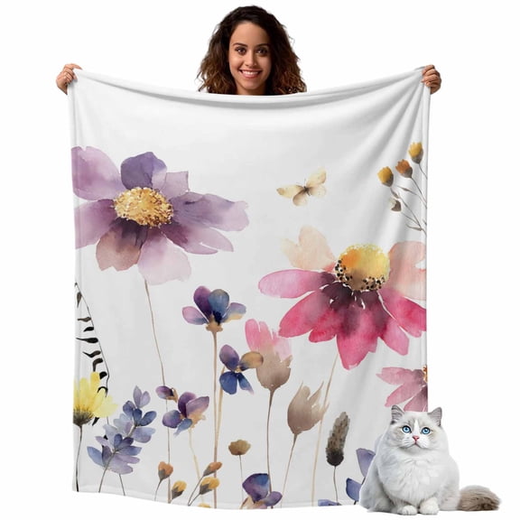 Flannel Fleece Throw Blankets Country Wild Flower Watercolor Throws Blankets, Ombre Floral Herb on White Lightweight Soft Warm Blanket for Couch Sofa Bed Living Room All Season Use, 40x50in