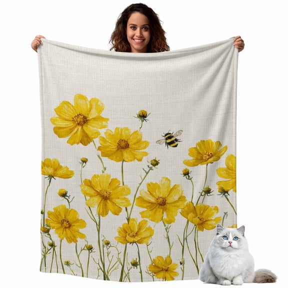 Flannel Fleece Throw Blankets Country Yellow Flower Bee Throws Blankets, Farm Plant Retro Linen Lightweight Soft Warm Blanket for Couch Sofa Bed Living Room All Season Use, 40x50in