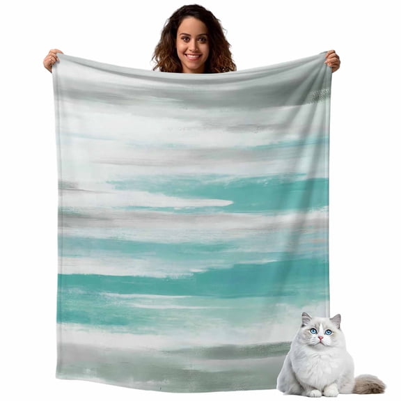 Flannel Fleece Throw Blankets Cyan Abstract Texture Throws Blankets, Gradient Color Oil Painting Art Lightweight Soft Warm Blanket for Couch Sofa Bed Living Room All Season Use, 40x50in