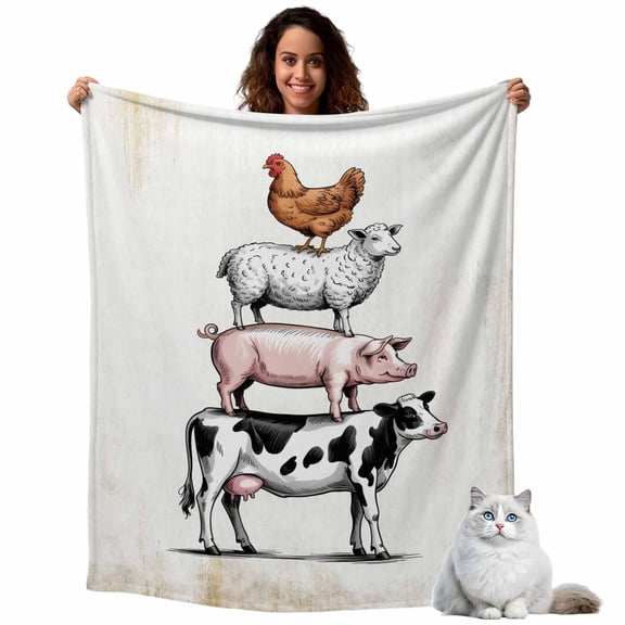 Flannel Fleece Throw Blankets Farm Cow Pig Chicken Throws Blankets, Funny Animal Retro Style Lightweight Soft Warm Blanket for Couch Sofa Bed Living Room All Season Use, 40x50in