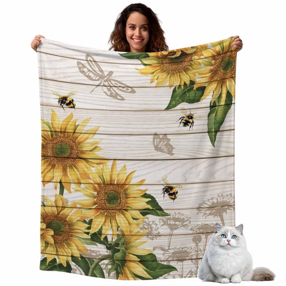 Flannel Fleece Throw Blankets Farm Sunflower Bee Dragonfly Throws Blankets, Floral Leaves Wood Grain Lightweight Soft Warm Blanket for Couch Sofa Bed Living Room All Season Use, 40x50in