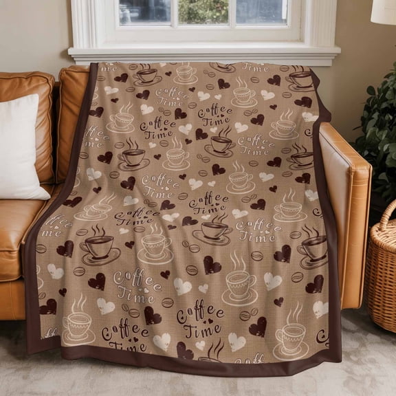 Flannel Fleece Throw Blankets Farmhouse Coffee Time Text Throws Blankets, Country Vintage Brown Lightweight Soft Warm Blanket for Couch Sofa Bed Living Room All Season Use, 50x60in