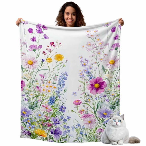 Flannel Fleece Throw Blankets Flowers Spring Throws Blankets, Pastoral Pink Purple Floral Lavender Daisy Lightweight Soft Warm Blanket for Couch Sofa Bed Living Room All Season Use, 40x50in