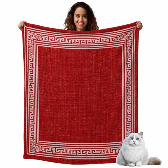 Flannel Fleece Throw Blankets Geometric Pattern on Red Linen Throws Blankets, Vintage Ethnic Style Lightweight Soft Warm Blanket for Couch Sofa Bed Living Room All Season Use, 40x50in