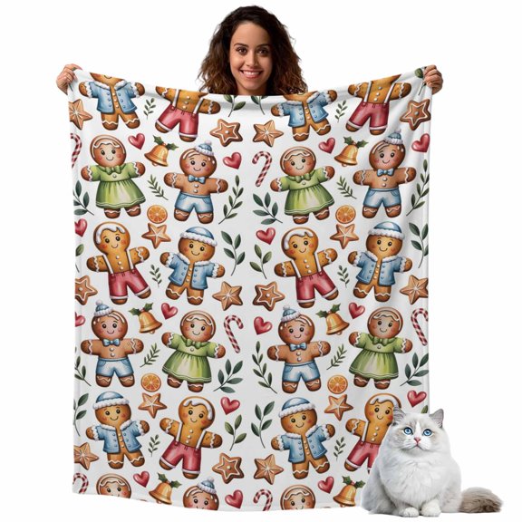 Flannel Fleece Throw Blankets Ginger Bread Man Throws Blankets, Winter Christmas Pattern Lightweight Soft Warm Blanket for Couch Sofa Bed Living Room All Season Use, 40x50in