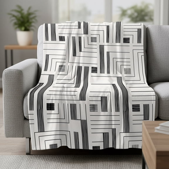 Flannel Fleece Throw Blankets Gray White Geometric Blocks Throws Blankets, Modern Abstract Art Lightweight Soft Warm Blanket for Couch Sofa Bed Living Room All Season Use, 30x40in