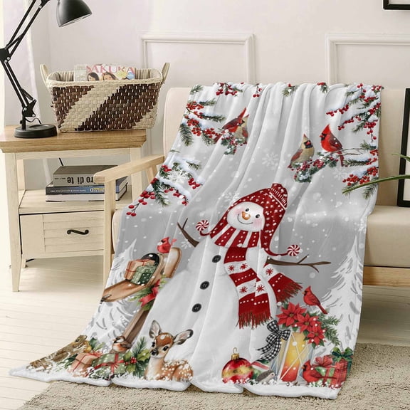 Flannel Fleece Throw Blankets Gray Xmas Snowman Holly Berry Bird Throws Blankets, Pine Tree Snow Reindeer Lightweight Soft Warm Blanket for Couch Sofa Bed Living Room All Season Use, 50x60in