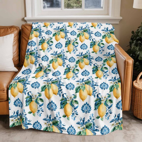 Flannel Fleece Throw Blankets Lemon Summer Flower Baroque Style Throws Blankets, Watercolor Floral Seamless Lightweight Soft Warm Blanket for Couch Sofa Bed Living Room All Season Use, 50x60in