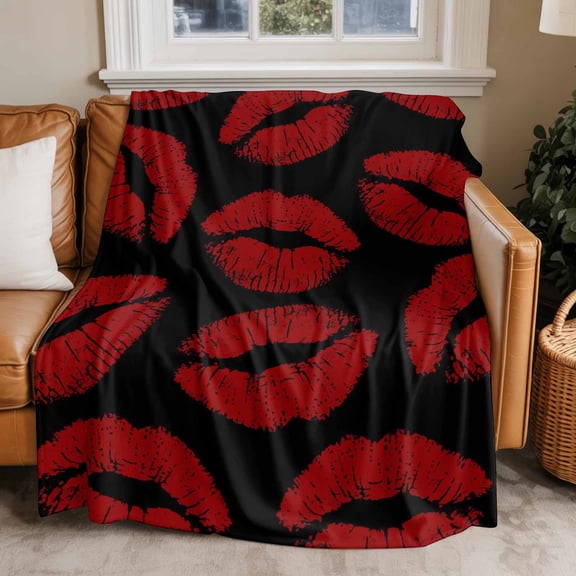 Flannel Fleece Throw Blankets Lipprint Kisses Red and Black Throws Blankets, Valentine's Day Lips Texture Lightweight Soft Warm Blanket for Couch Sofa Bed Living Room All Season Use, 50x60in