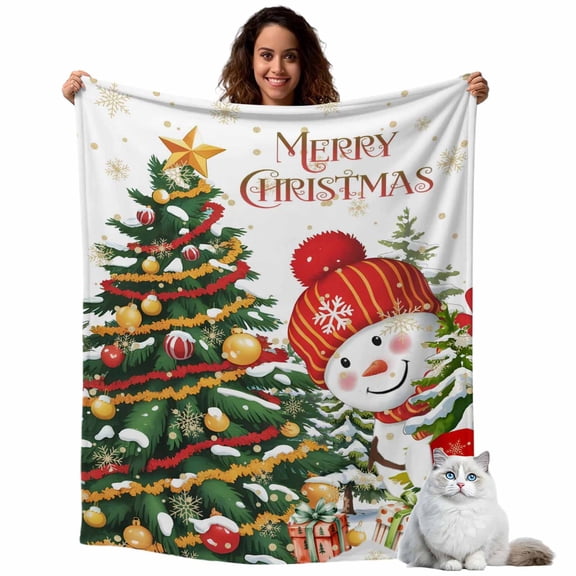 Flannel Fleece Throw Blankets Merry Christmas Words Gold Snowflakes Throws Blankets, Xmas Tree Balls Lightweight Soft Warm Blanket for Couch Sofa Bed Living Room All Season Use, 40x50in