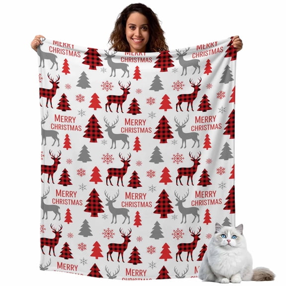 Flannel Fleece Throw Blankets Merry Christmas Words Throws Blankets, Red Black Plaid Xmas Trees Deer Lightweight Soft Warm Blanket for Couch Sofa Bed Living Room All Season Use, 40x50in