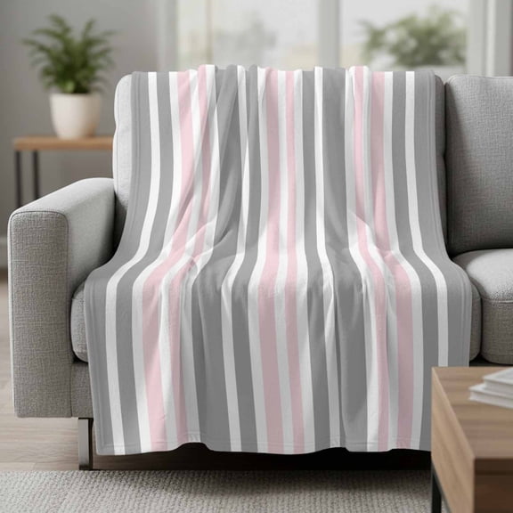 Flannel Fleece Throw Blankets Modern Colored Stripe Line Throws Blankets, Minimalist Pink Grey Stripe Lightweight Soft Warm Blanket for Couch Sofa Bed Living Room All Season Use, 30x40in