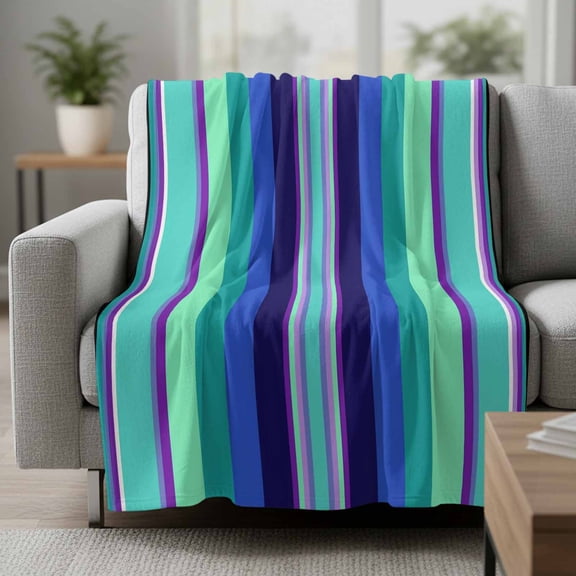 Flannel Fleece Throw Blankets Modern Geometric Colorful Stripes Throws Blankets, Teal Purple Lines Lightweight Soft Warm Blanket for Couch Sofa Bed Living Room All Season Use, 30x40in
