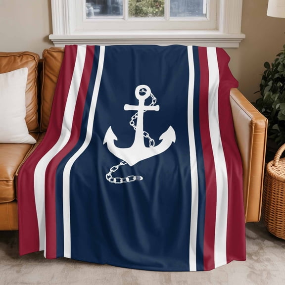 Flannel Fleece Throw Blankets Nautical Anchor Navy Blue Throws Blankets, Burgundy Red Stripe Lightweight Soft Warm Blanket for Couch Sofa Bed Living Room All Season Use, 50x60in