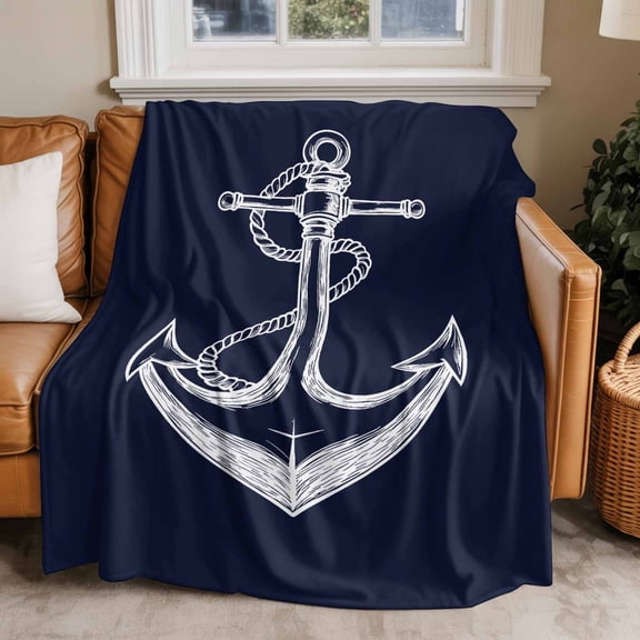 Flannel Fleece Throw Blankets Nautical Anchor Navy Blue Throws Blankets, Ocean Coastal Style Lightweight Soft Warm Blanket for Couch Sofa Bed Living Room All Season Use, 50x60in