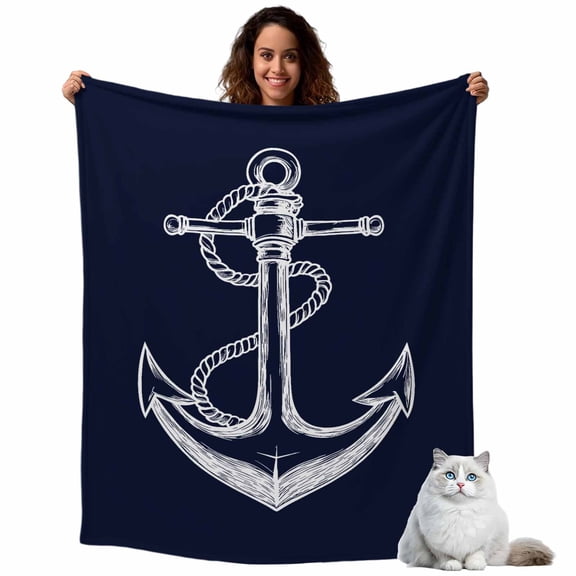 Flannel Fleece Throw Blankets Nautical Anchor Navy Blue Throws Blankets, Ocean Coastal Style Lightweight Soft Warm Blanket for Couch Sofa Bed Living Room All Season Use, 40x50in