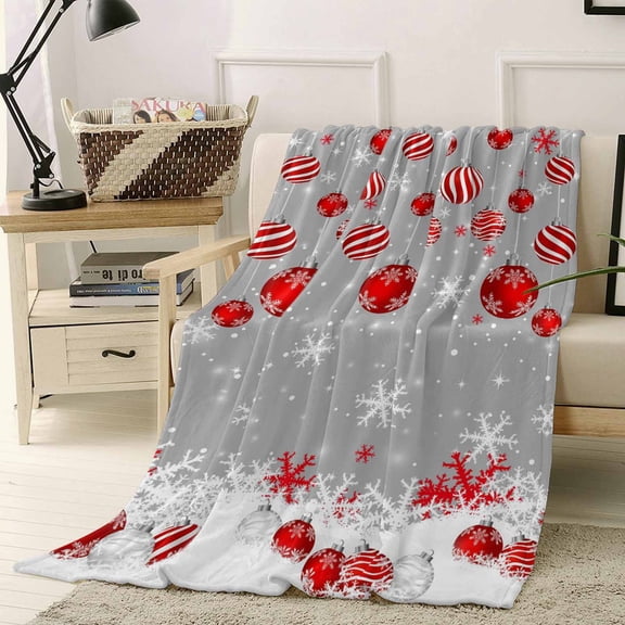 Flannel Fleece Throw Blankets Red Xmas Balls on Gray Throws Blankets, Abstract Winter Snowflakes Lightweight Soft Warm Blanket for Couch Sofa Bed Living Room All Season Use, 50x60in