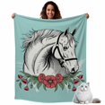 thumbnail image 1 of Flannel Fleece Throw Blankets Retro Cartoon White Horses Throws Blankets, Red Flowers Green Leaf Lightweight Soft Warm Blanket for Couch Sofa Bed Living Room All Season Use, 40x50in, 1 of 9