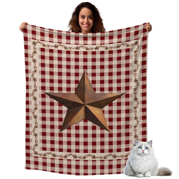 Flannel Fleece Throw Blankets Retro Country Stars Throws Blankets, Vintage Dates Red Plaid Lightweight Soft Warm Blanket for Couch Sofa Bed Living Room All Season Use, 30x40in