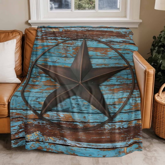 Flannel Fleece Throw Blankets Retro Farm Texas Star Throws Blankets, Shabby Blue Wood Grain Lightweight Soft Warm Blanket for Couch Sofa Bed Living Room All Season Use, 50x60in