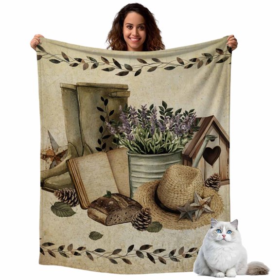 Flannel Fleece Throw Blankets Retro Farmhouse Theme Throws Blankets, Country Vintage Flower Leaf Boots Plant Lightweight Soft Warm Blanket for Couch Sofa Bed Living Room All Season Use, 40x50in