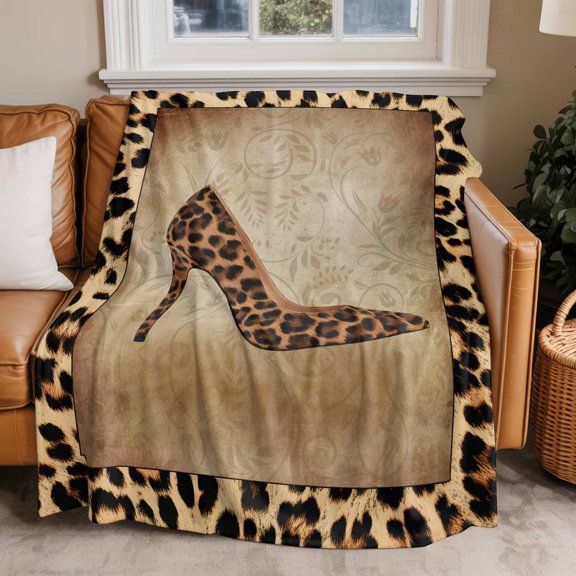 Flannel Fleece Throw Blankets Retro Leopard Shoes Theme Throws Blankets, Country Animal Skin Texture Lightweight Soft Warm Blanket for Couch Sofa Bed Living Room All Season Use, 50x60in