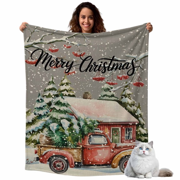 Flannel Fleece Throw Blankets Rustic Red Truck Chalet Tree Throws Blankets, Winter Country Natural Scenery Lightweight Soft Warm Blanket for Couch Sofa Bed Living Room All Season Use, 40x50in