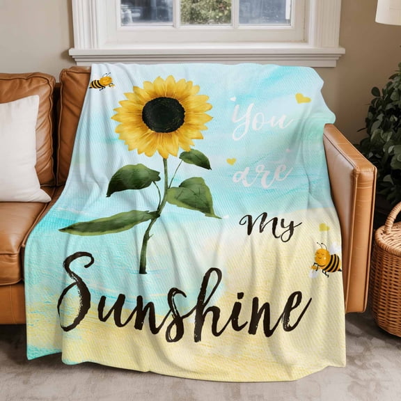 Flannel Fleece Throw Blankets Rustic Sunflower Blue Ombre Throws Blankets, Farmhouse Flower Bee Lightweight Soft Warm Blanket for Couch Sofa Bed Living Room All Season Use, 50x60in