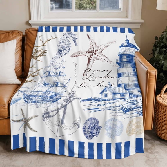 Flannel Fleece Throw Blankets Starfish Nautical Anchor Shell Boat Throws Blankets, Lighthouse Vintage Blue Stripe Lightweight Soft Warm Blanket for Couch Sofa Bed Living Room All Season Use, 50x60in