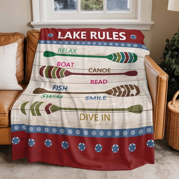 Flannel Fleece Throw Blankets Summer Lake Rules Paddle Throws Blankets, Farm Wood Grain Red Maroon Lightweight Soft Warm Blanket for Couch Sofa Bed Living Room All Season Use, 50x60in