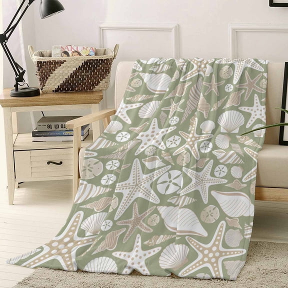 Flannel Fleece Throw Blankets Summer Sea Starfish Throws Blankets, Shell Conch on Green Background Lightweight Soft Warm Blanket for Couch Sofa Bed Living Room All Season Use, 50x60in