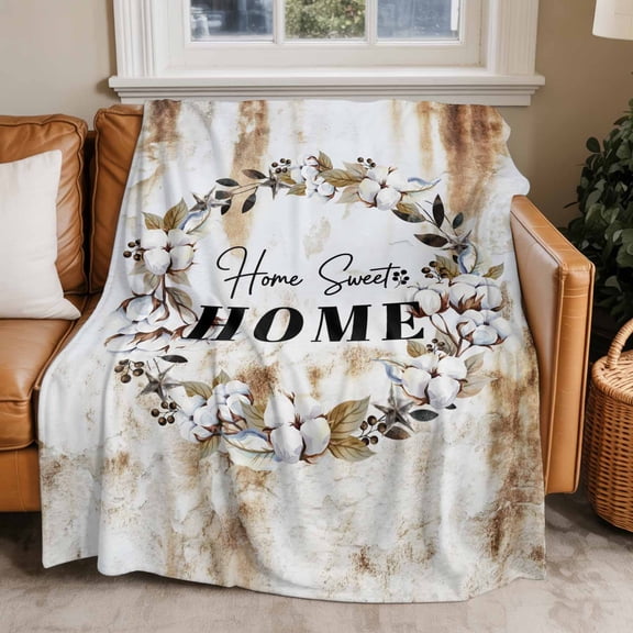 Flannel Fleece Throw Blankets Sweet Home Words Cotton Throws Blankets, Vintage Country Art Lightweight Soft Warm Blanket for Couch Sofa Bed Living Room All Season Use, 50x60in