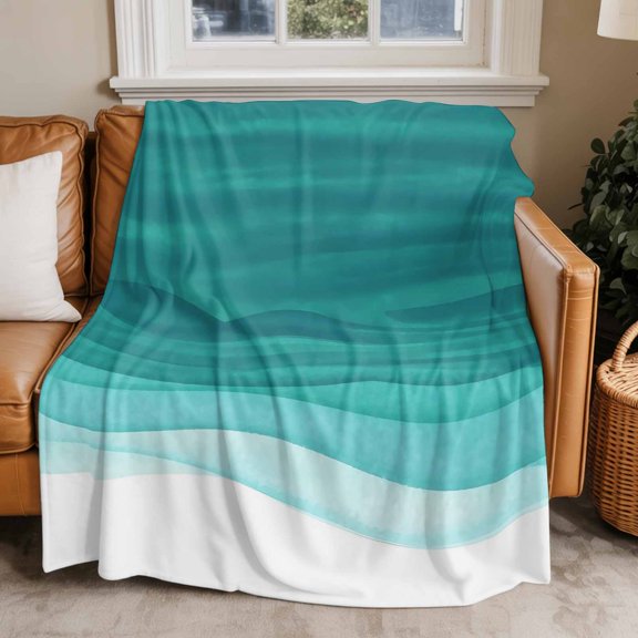 Flannel Fleece Throw Blankets Teal Green Gradient Water Ripples Throws Blankets, Abstract Lines Ombre Lightweight Soft Warm Blanket for Couch Sofa Bed Living Room All Season Use, 50x60in