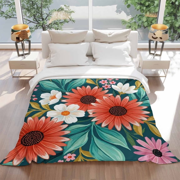 Flannel Fleece Throw Blankets Vibrant Red Sunflowers White Daisies Throws Blankets, Teal Leaves Floral Lightweight Soft Warm Blanket for Couch Sofa Bed Living Room All Season Use, 60x80in