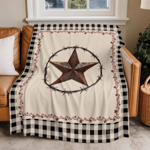 Flannel Fleece Throw Blankets Vintage Country Star Ring Throws Blankets, Black Buffalo Plaid Lightweight Soft Warm Blanket for Couch Sofa Bed Living Room All Season Use, 50x60in