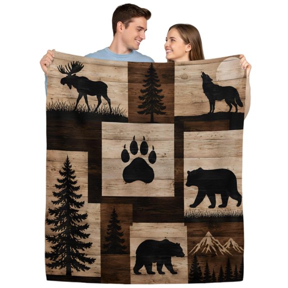 Flannel Fleece Throw Blankets Vintage Folk Art Patchwork Throws Blankets, Forest Brown Bear Elk Lightweight Soft Warm Blanket for Couch Sofa Bed Living Room All Season Use, 30x40in
