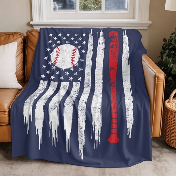 Flannel Fleece Throw Blankets Vintage Navy Blue Baseball Throws Blankets, USA Flag Abstract Lightweight Soft Warm Blanket for Couch Sofa Bed Living Room All Season Use, 50x60in