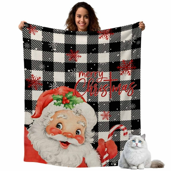 Flannel Fleece Throw Blankets Vintage Santa Claus Throws Blankets, Snowflakes on Black White Plaid Lightweight Soft Warm Blanket for Couch Sofa Bed Living Room All Season Use, 40x50in