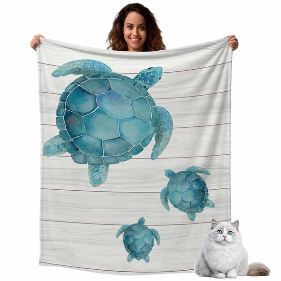Flannel Fleece Throw Blankets Watercolor Ocean Teal Turtle Throws Blankets, Marine Life Wooden Plank Lightweight Soft Warm Blanket for Couch Sofa Bed Living Room All Season Use, 40x50in