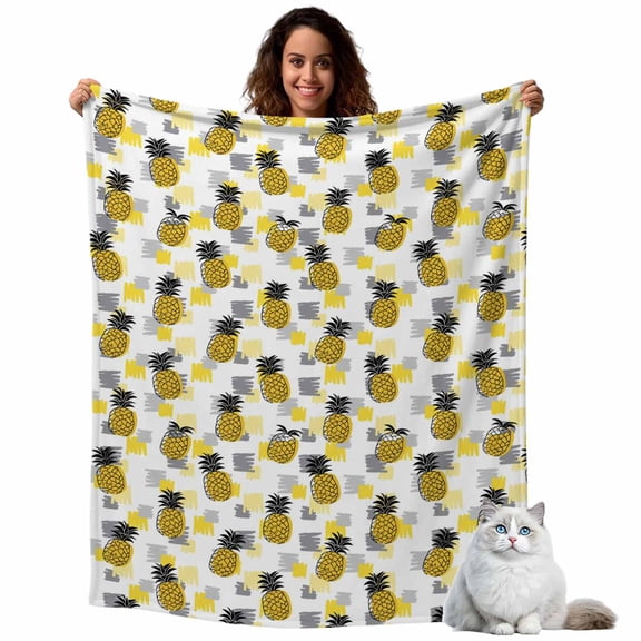 Flannel Fleece Throw Blankets Watercolor Tropical Pineapple Throws Blankets, Abstract Gray Yellow Geometric Lightweight Soft Warm Blanket for Couch Sofa Bed Living Room All Season Use, 40x50in