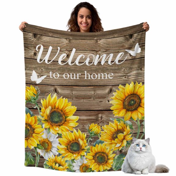 Flannel Fleece Throw Blankets Welcome Home Sunflower Funny Words Throws Blankets, Brown Wooden Lightweight Soft Warm Blanket for Couch Sofa Bed Living Room All Season Use, 40x50in