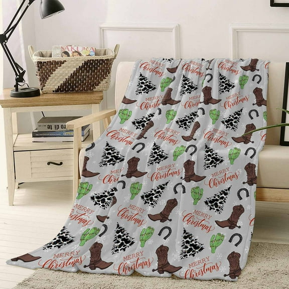 Flannel Fleece Throw Blankets Western Boot Cactus Horseshoe Throws Blankets, Snowflake Cow Texture Tree on Grey Lightweight Soft Warm Blanket for Couch Sofa Bed Living Room All Season Use, 50x60in