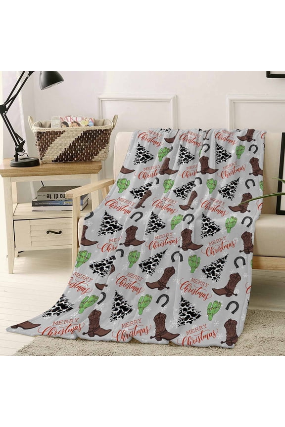 Flannel Fleece Throw Blankets Western Boot Cactus Horseshoe Throws Blankets, Snowflake Cow Texture Tree on Grey Lightweight Soft Warm Blanket for Couch Sofa Bed Living Room All Season Use, 50x60in