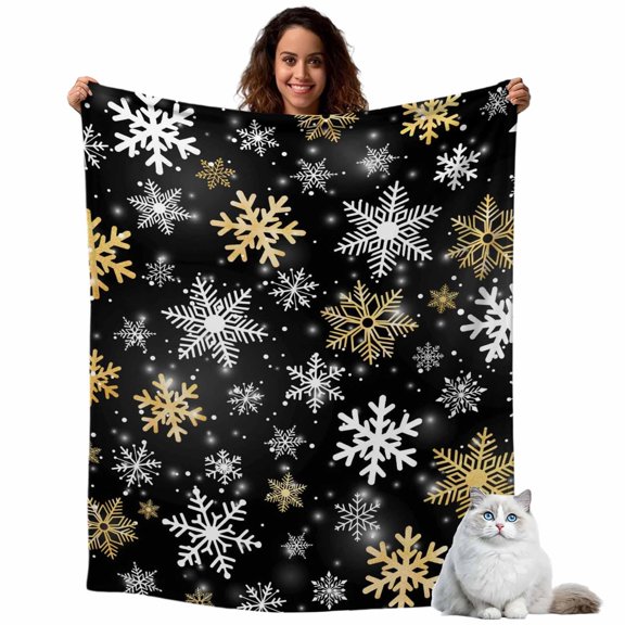 Flannel Fleece Throw Blankets Winter Gold White Snowflake Throws Blankets, Christmas Black Background Lightweight Soft Warm Blanket for Couch Sofa Bed Living Room All Season Use, 30x40in