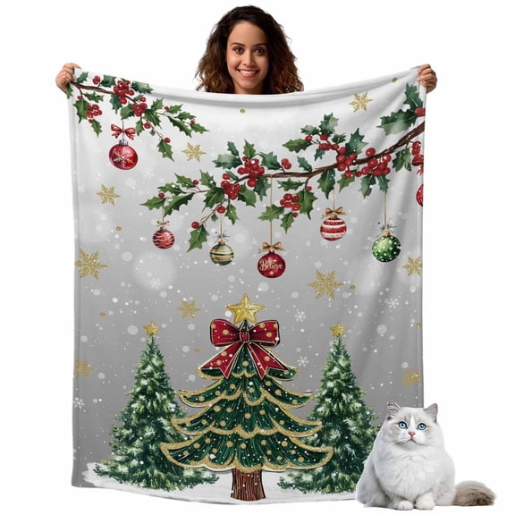Flannel Fleece Throw Blankets Winter Pine Tree Holly Berry Throws Blankets, Xmas Ball Snowflakes Ombre Gray Lightweight Soft Warm Blanket for Couch Sofa Bed Living Room All Season Use, 40x50in