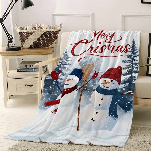 Flannel Fleece Throw Blankets Winter Snowman Winter Snowfall Throws Blankets, Pine Tree Snowscape Lightweight Soft Warm Blanket for Couch Sofa Bed Living Room All Season Use, 50x60in
